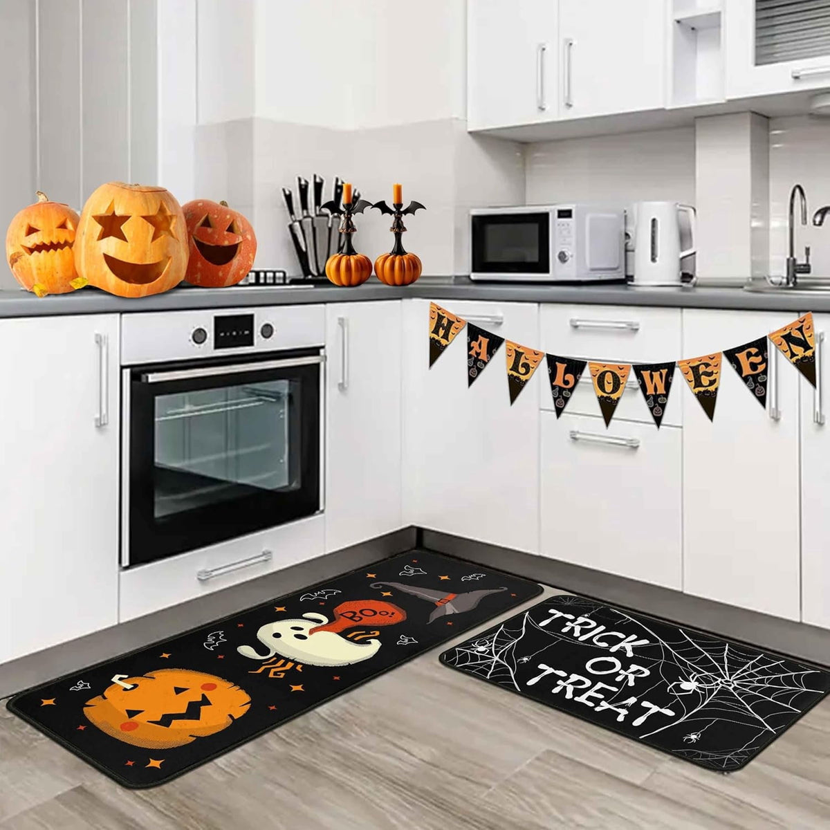Halloween Kitchen Rugs Set of 2, Cushioned Anti-Fatigue Kitchen Mats for Floor, Spider Web Kitchen Mats, Non-Slip Waterproof Kitchen Floor Mat Washable for Kitchen, Home, Office, Laundry