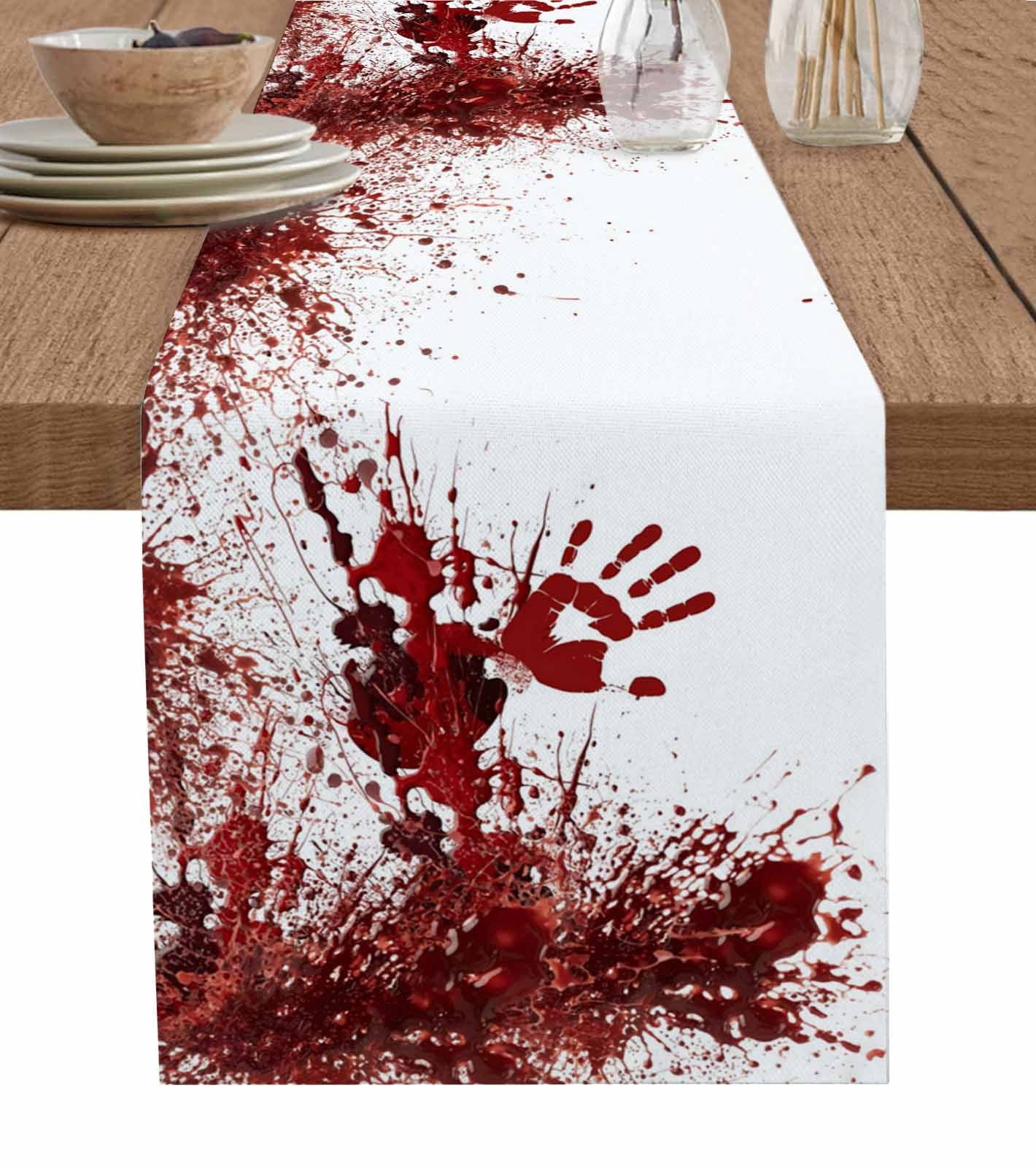 Halloween Red Blood Table Runner 90 Inches, Horror Bloody Handprint Bed Runner Dresser Scarves Tabletop for Indoor Outdoor Parties/Ceremony/Banquet, 13" x 90"