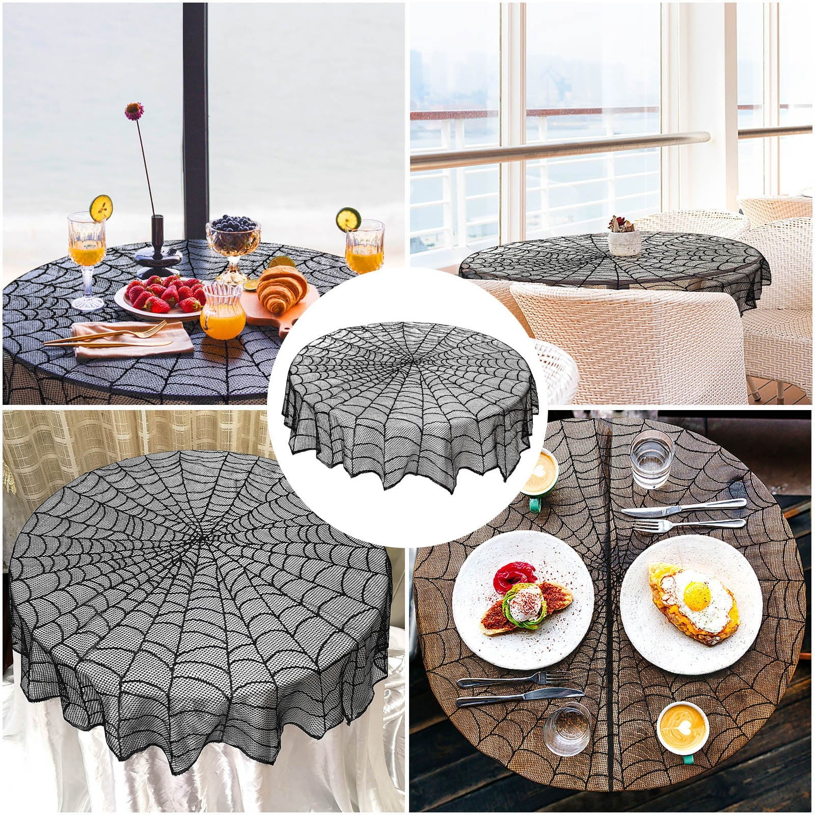 Halloween Round Lace Tablecloth Bat Spider Web for Halloween Party Decor,Lace Fabric Table Cloths Spooky Table Cover for Rectangle Tables for Parties Gothic Halloween Home Decorations