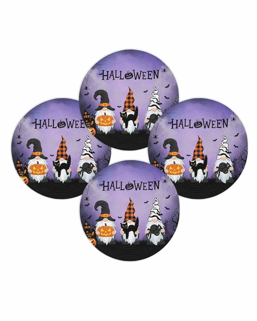 Halloween Round Placemats Set of 4 Gnomes Pumpkin Place Mats Washable Woven Placemat Black Cat Bat Castle Purple Circle Braided Table Mat for Kitchen Dining Table Holiday Party Home Decor 15 Inch