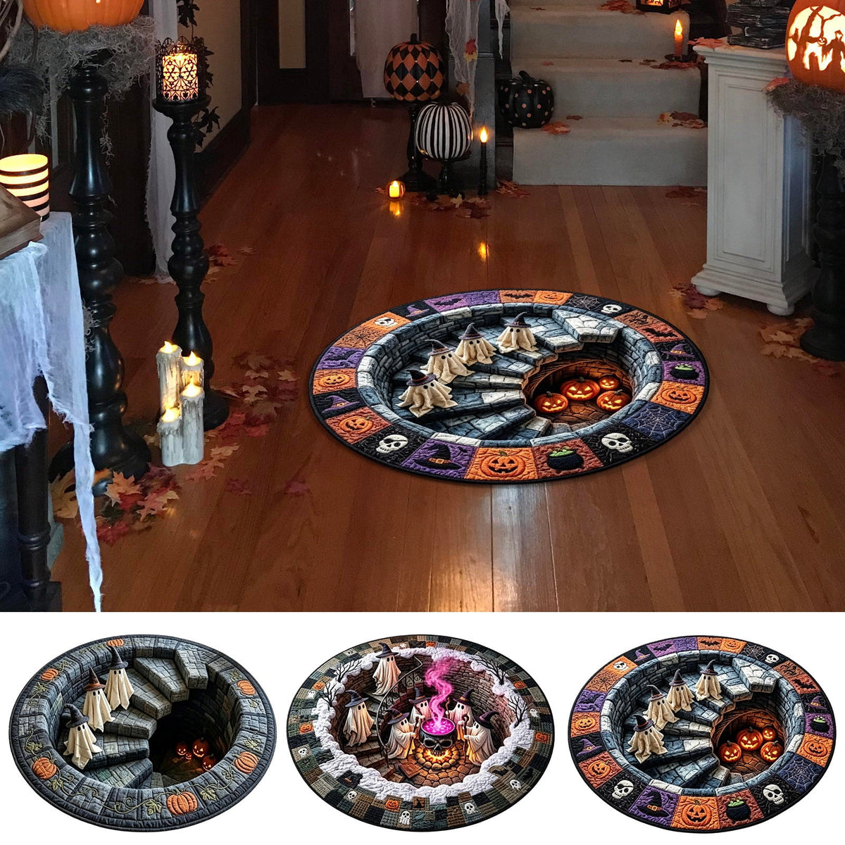 Halloween Round Rug Optical Ghost Pumpkin Mat 15.75in Diameter Polyester Skidproof & Soft for Entryway Bedroom Party by MPOISVA