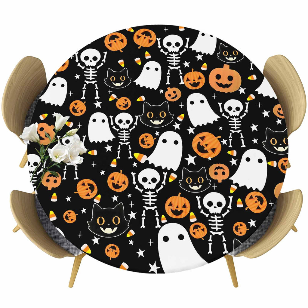 Halloween Round Tablecloth 36-44 Inch Round Fitted Table Cloth with Elastic Edge, Orange Pumpkins White Funny Ghost Black Cat Waterproof Table Cover Protector for Outdoor Picnic Party Dining