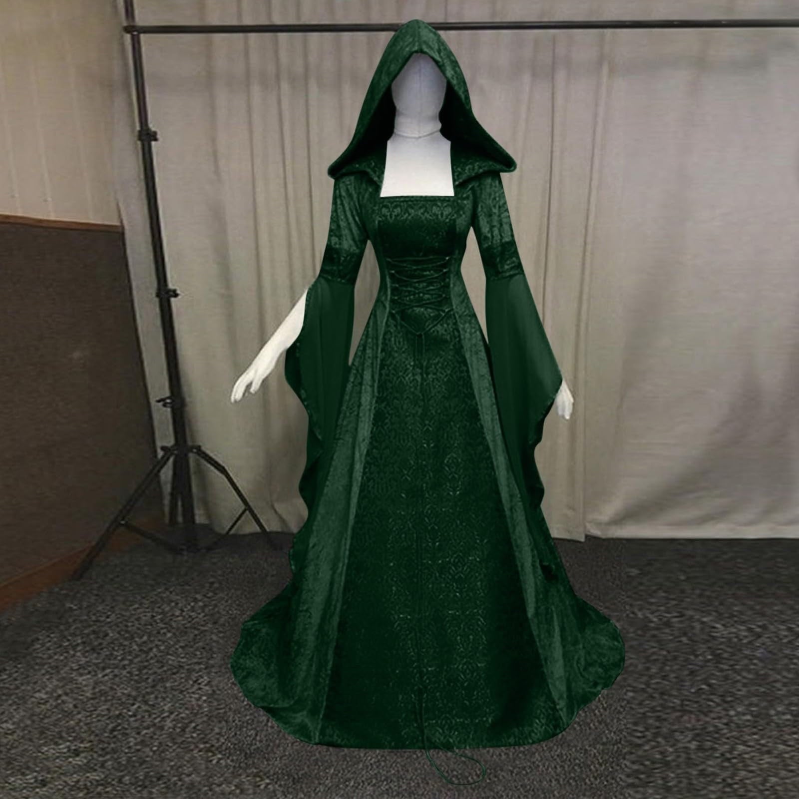 Medieval Renaissance Hooded Dress for Women, Silver Gothic Witch Costume with Lace-Up Corset, Vintage Velvet Long Sleeve Gown for Halloween Cosplay Renaissance Wedding Themed Party-Dark Blue/L