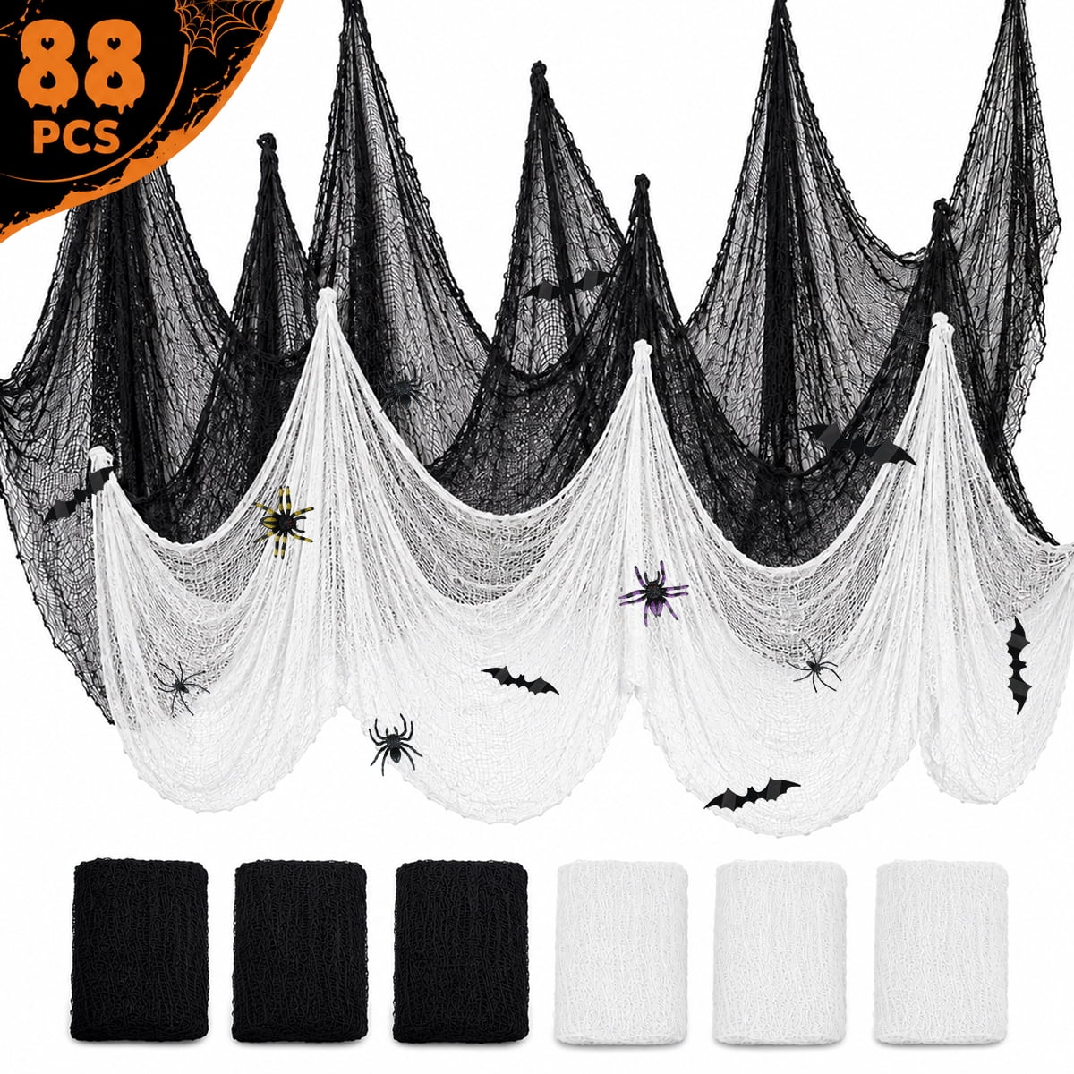Halloween Creepy Cloth Halloween Gauz Scary Decoration with Bats Spiders Fabric Hanging Spooky Stuff for Indoor Outdoor Home Wall Haunted House Party Supplies 88Pcs Set 1