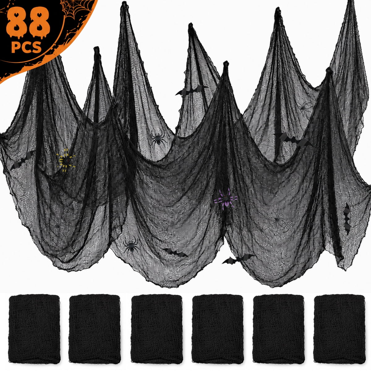 Halloween Creepy Cloth Halloween Gauz Scary Decoration with Bats Spiders Fabric Hanging Spooky Stuff for Indoor Outdoor Home Wall Haunted House Party Supplies 88Pcs Set 1