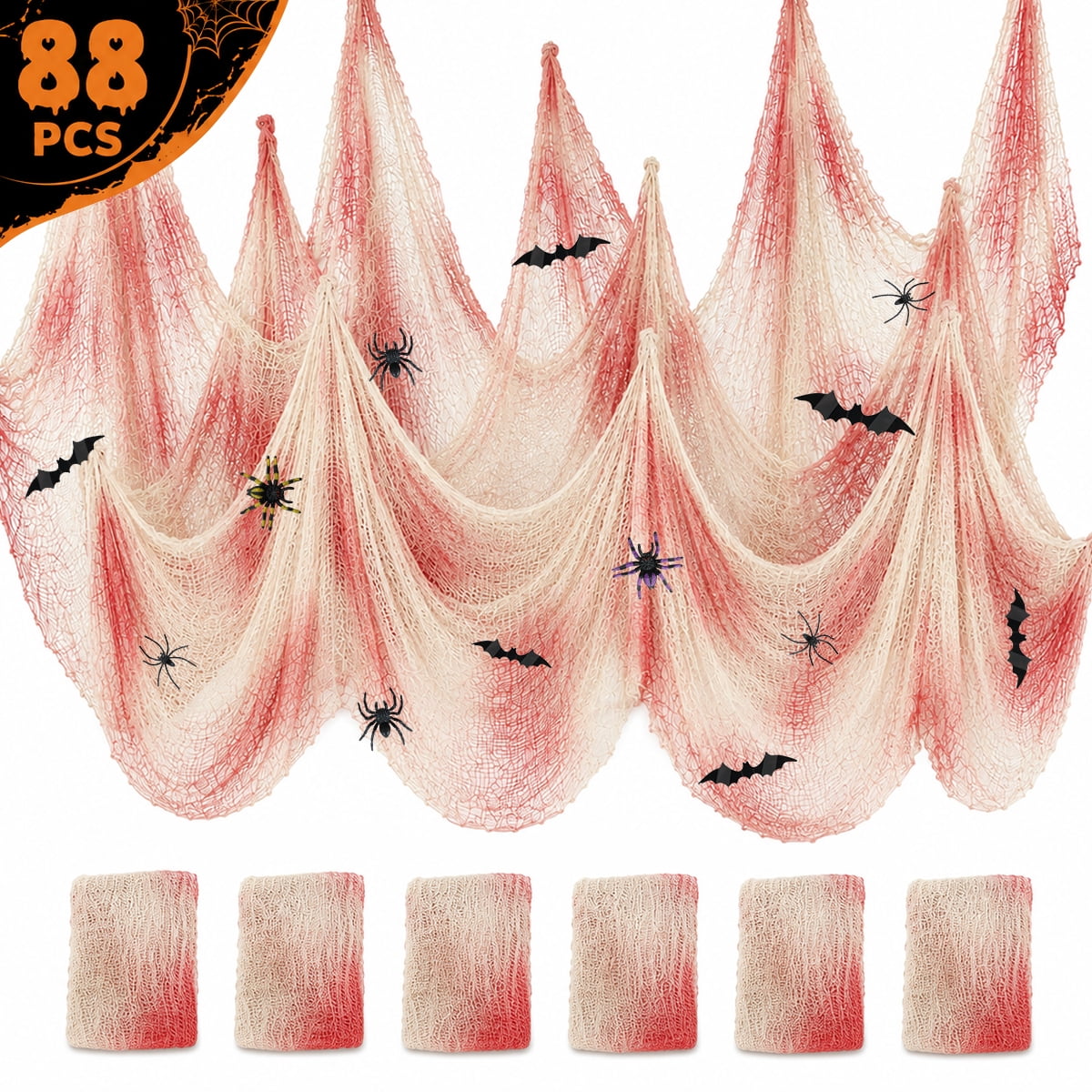 Halloween Creepy Cloth Halloween Gauz Scary Decoration with Bats Spiders Fabric Hanging Spooky Stuff for Indoor Outdoor Home Wall Haunted House Party Supplies 88Pcs Set 1