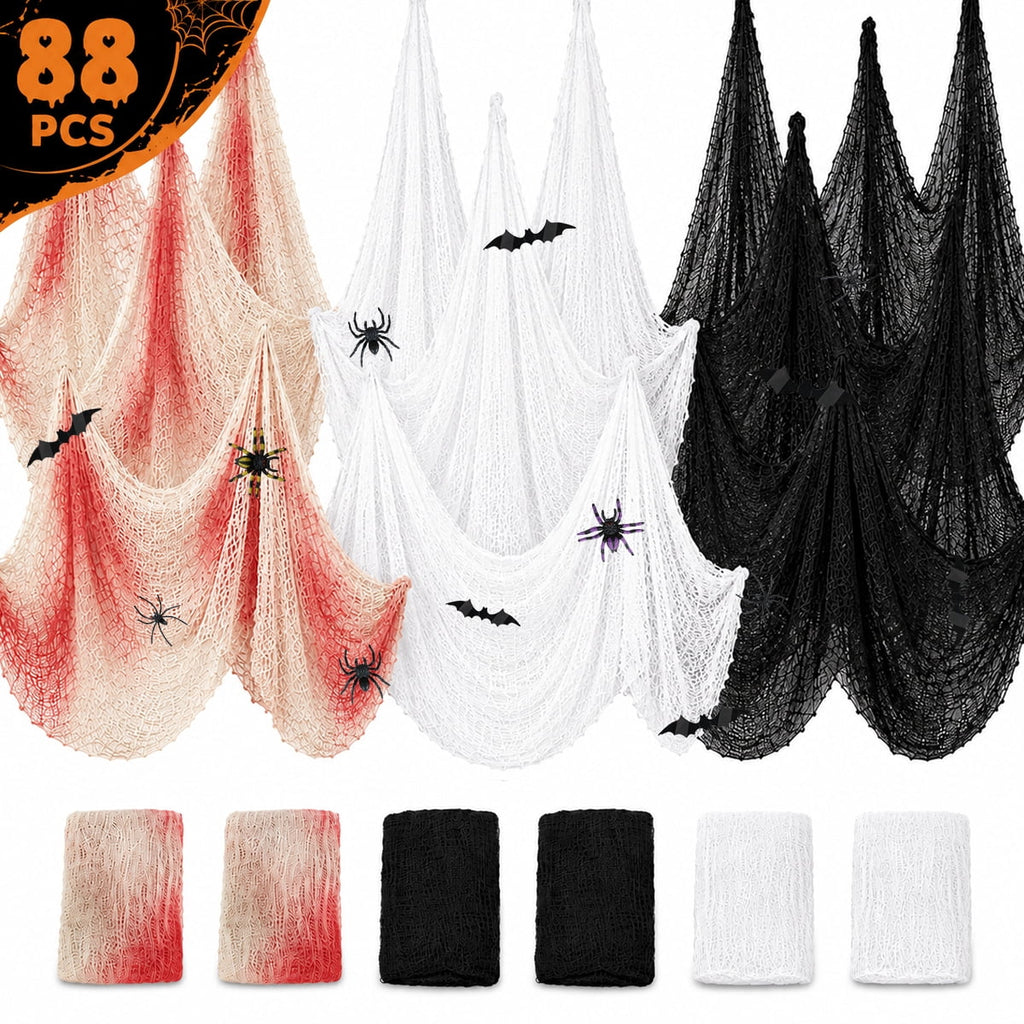 Halloween Creepy Cloth Halloween Gauz Scary Decoration with Bats Spiders Fabric Hanging Spooky Stuff for Indoor Outdoor Home Wall Haunted House Party Supplies 88Pcs Set 1