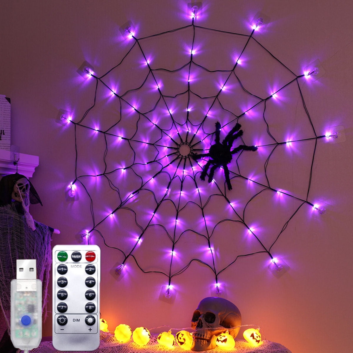 70Led 3.28FT Giant Spider Web Lights with Hairy Spider and Cobweb for Lighted Halloween Decorations Outdoor Halloween Window Decorations Wall Garden Patio Yard Decor
