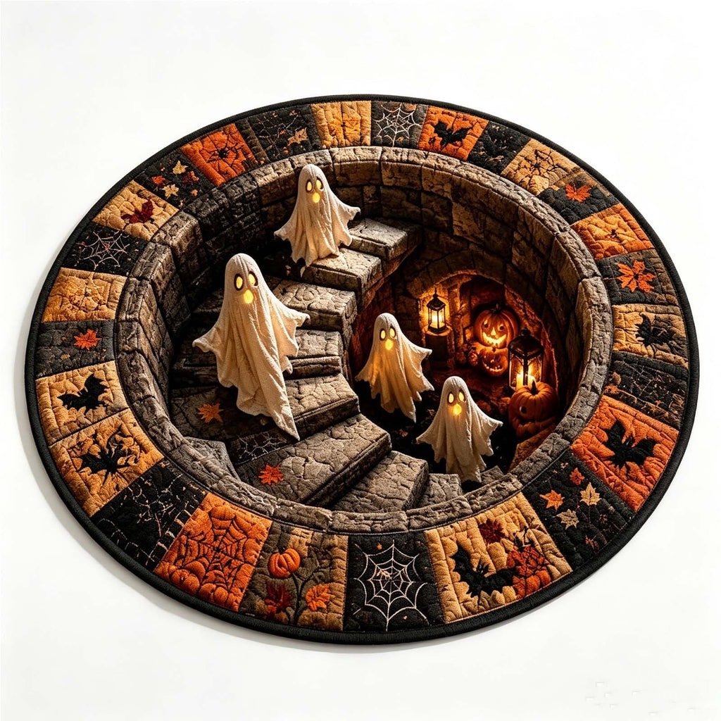 Halloween Staircase Optical Illusion Round Rug, Spooky 3D Floor Mat with Ghosts Pumpkins, Soft Non-Slip Carpet for Living Room Entryway – 4 Sizes