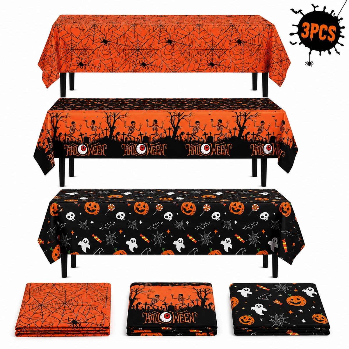 Halloween Tablecloth Decorations Halloween Party Supplies Plastic Disposable Rectangle Tablecovers Skeletons Ghosts Pumpkin Table Décor 3Pcs Design 2
