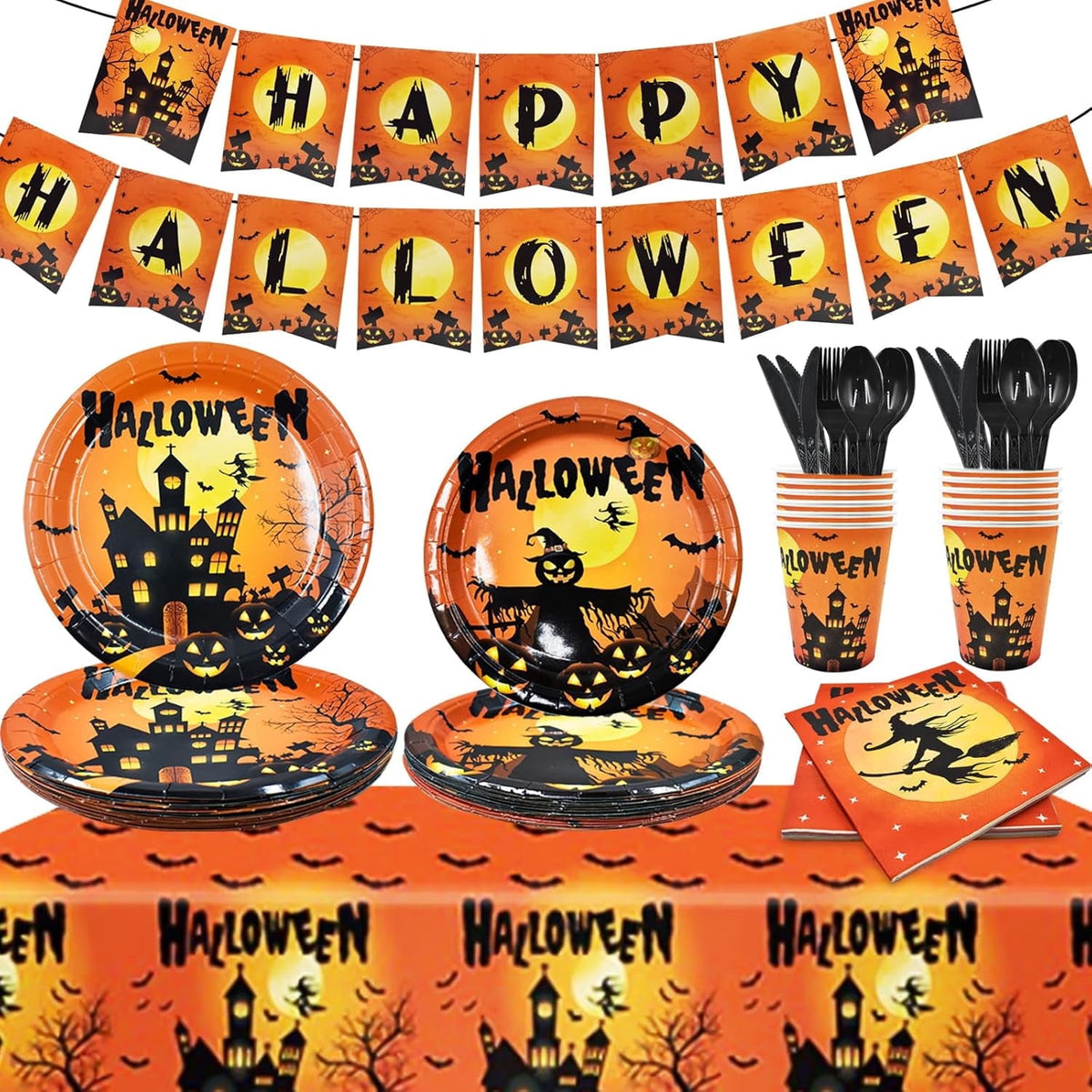 Halloween Party Supplies Decoration Tableware Set,114 Pcs Includes Plates, Napkin,Cup,Straw, Banners, Tablecloth.Halloween Disposable Dinnerware for Halloween Party Decorations,Serve 16