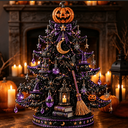 2026 Moonlit Black Cat DIY Halloween Quilted Fabric Tree Kit - Patchwork Fabric Halloween Tabletop Tree, Autumn Mantel Ornament for Adult Rustic Farmhouse Seasonal Display