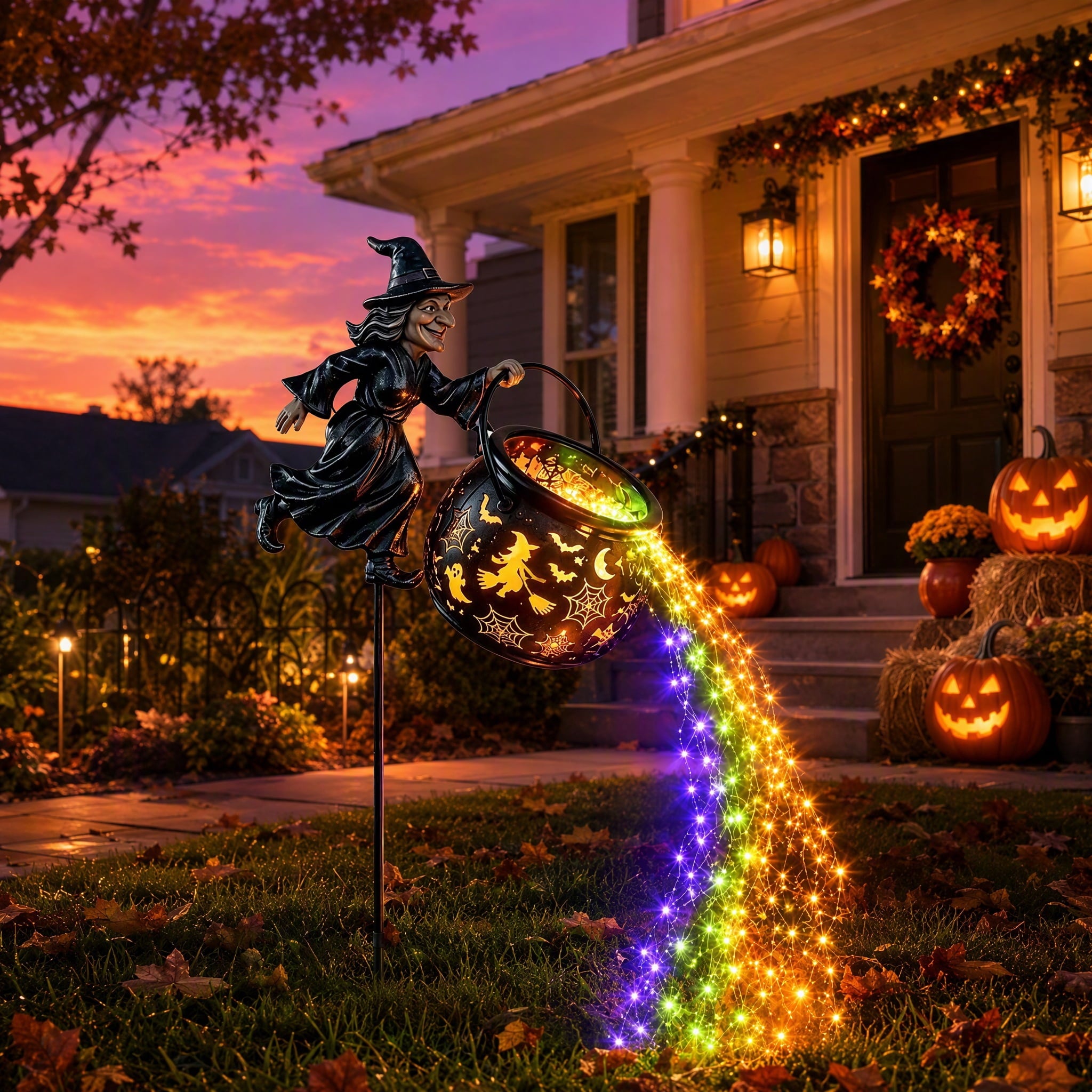 Halloween Witch Cauldron Garden Stake Lights, 2.7Ft LED Color Waterfall-Style Light Flow Flying Witch Garden Stake, Waterproof Weather Resistant Projector Lights for Outdoor Yard, Lawn, Pathway