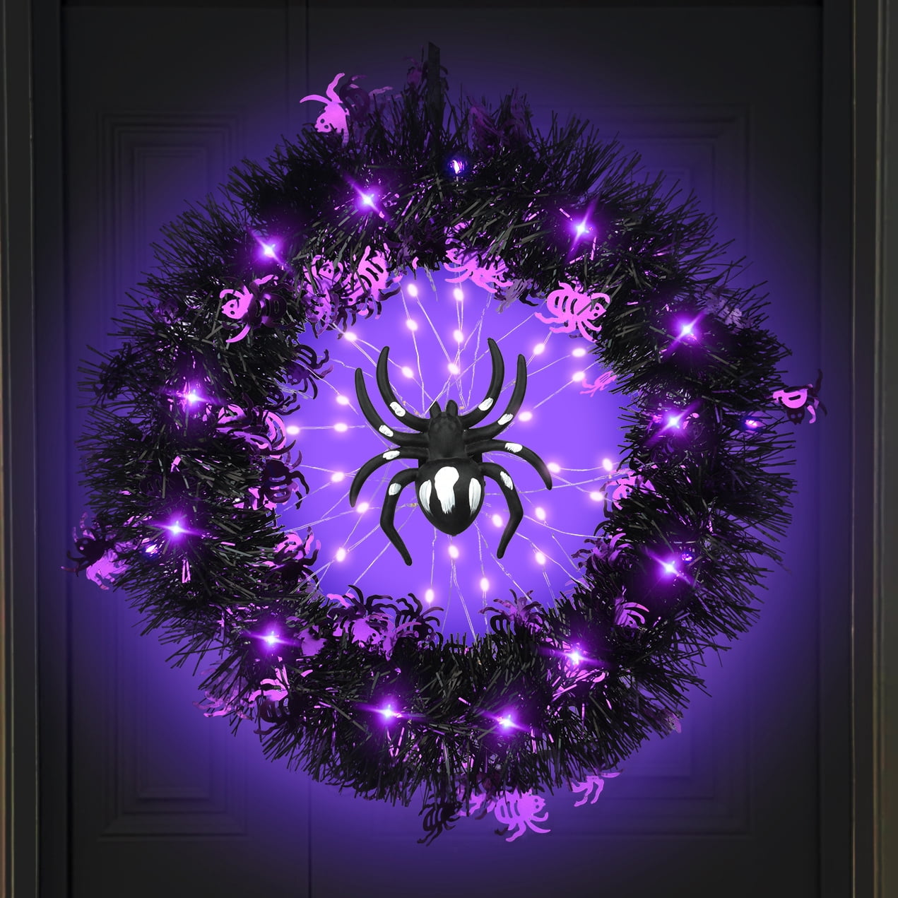 Halloween Wreath Halloween Spider Decorations Wreath with Lights, Halloween Spider Garland LED Halloween Door Wreath for Halloween Party, Halloween Decorations Outdoor Indoor Wall and Window