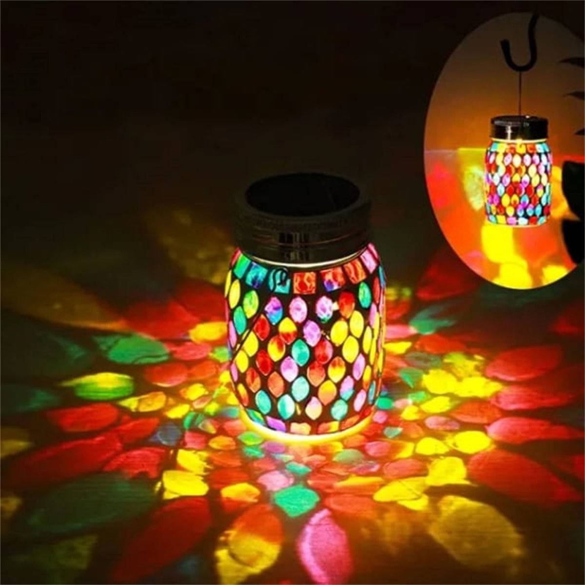 Hanging Solar Lantern,Solar Jar Light,Outdoor Waterproof Mosaic Glass Hanging Solar Lantern for Garden,Decorative Solar Lamp LED Night Light for Backyard(Blue 6*4.5in)