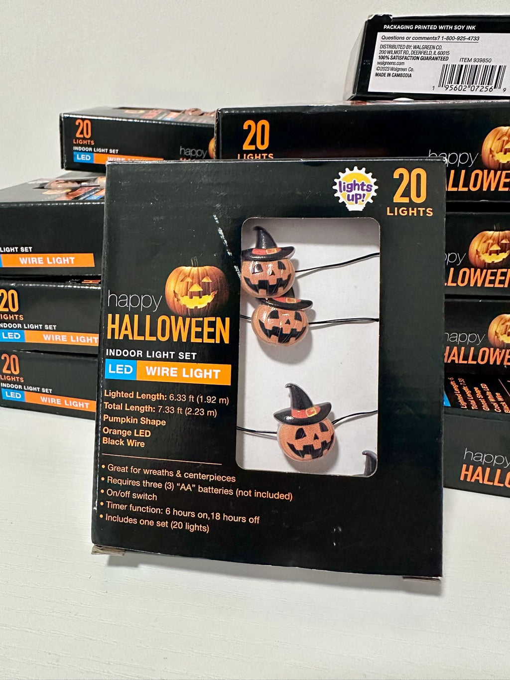 Happy Halloween Indoor Wire Light Set, Pumpkin Shape, Orange LED, Battery Operated, 20 Lights, 7.33 Ft