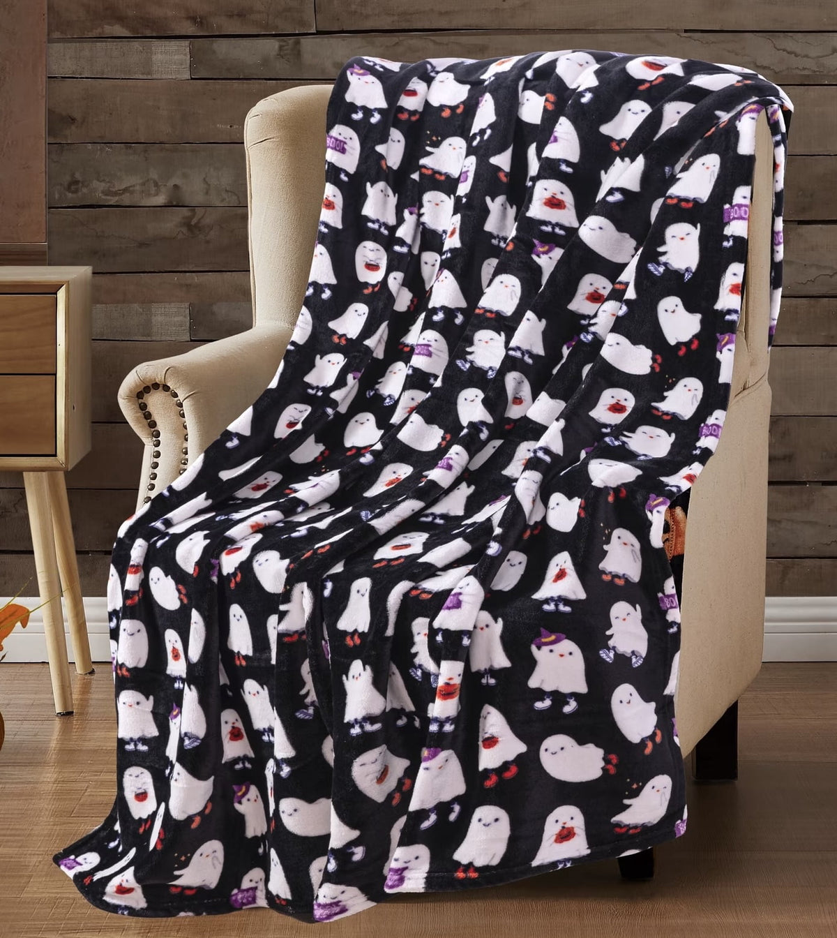 Serafina Home Halloween Throw Blanket: Fuzzy Boo! Jack O'Lantern Spider Webs Skull and Black Cats Print on Velvet Fleece for Sofa Bed Couch Chair Dorm