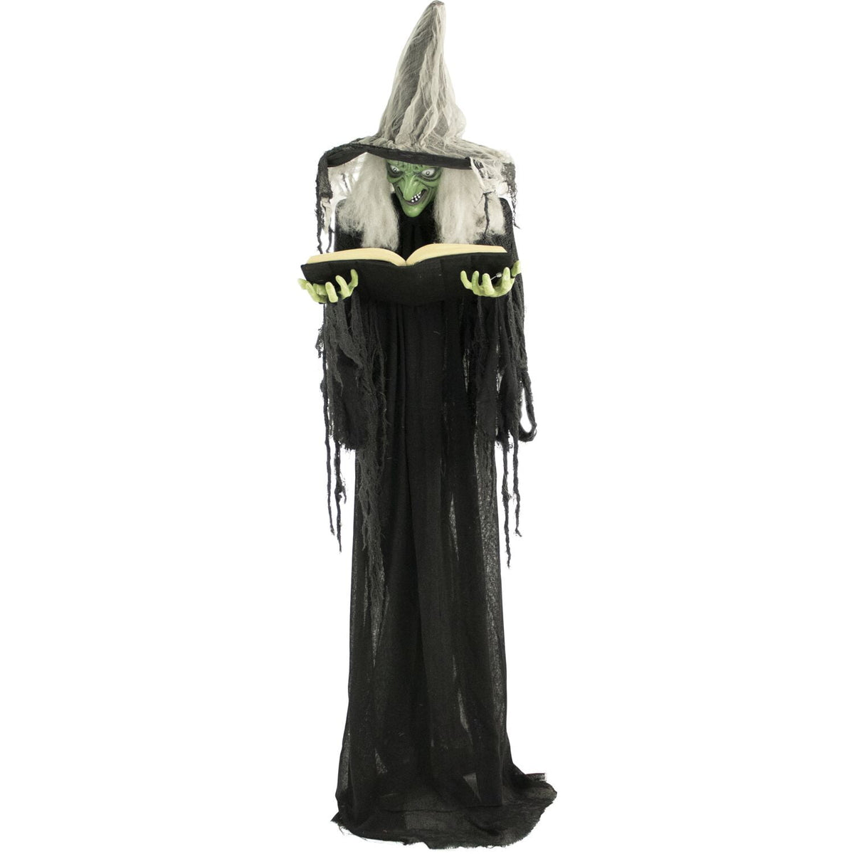Haunted Hill Farm 5.5 ft Poseable Witch with Spell Book, Lights and Sound, Indoor/Covered Outdoor Halloween Decoration, HHWITCH-9FLS