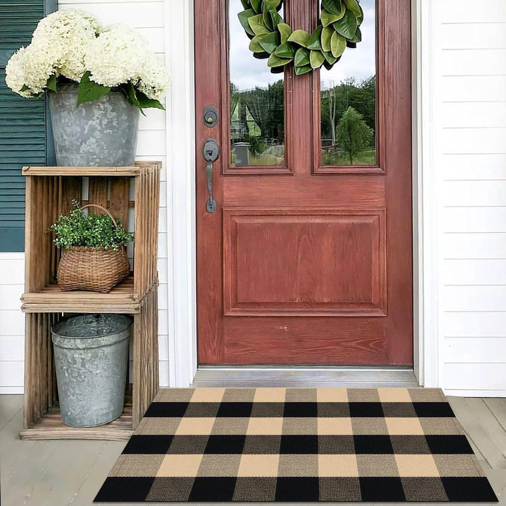 HearthHarmony Buffalo Plaid Area Rugs 2x3 Ft Brown and Black Checkered Rugs Washable Front Door Mat Hand Woven Cotton Outdoor Small Rug for Front Porch Kitchen Entryway Patio Bathroom