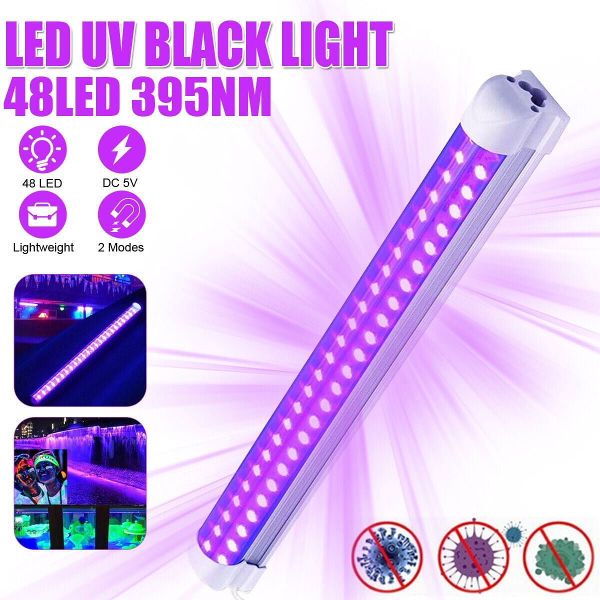 Hvxrjkn UV 48 LEDs Black Light 10W Ultraviolet Black light Bar for Room Party Decor Stage Lighting, Halloween, Body Paint, Fluorescent Poster