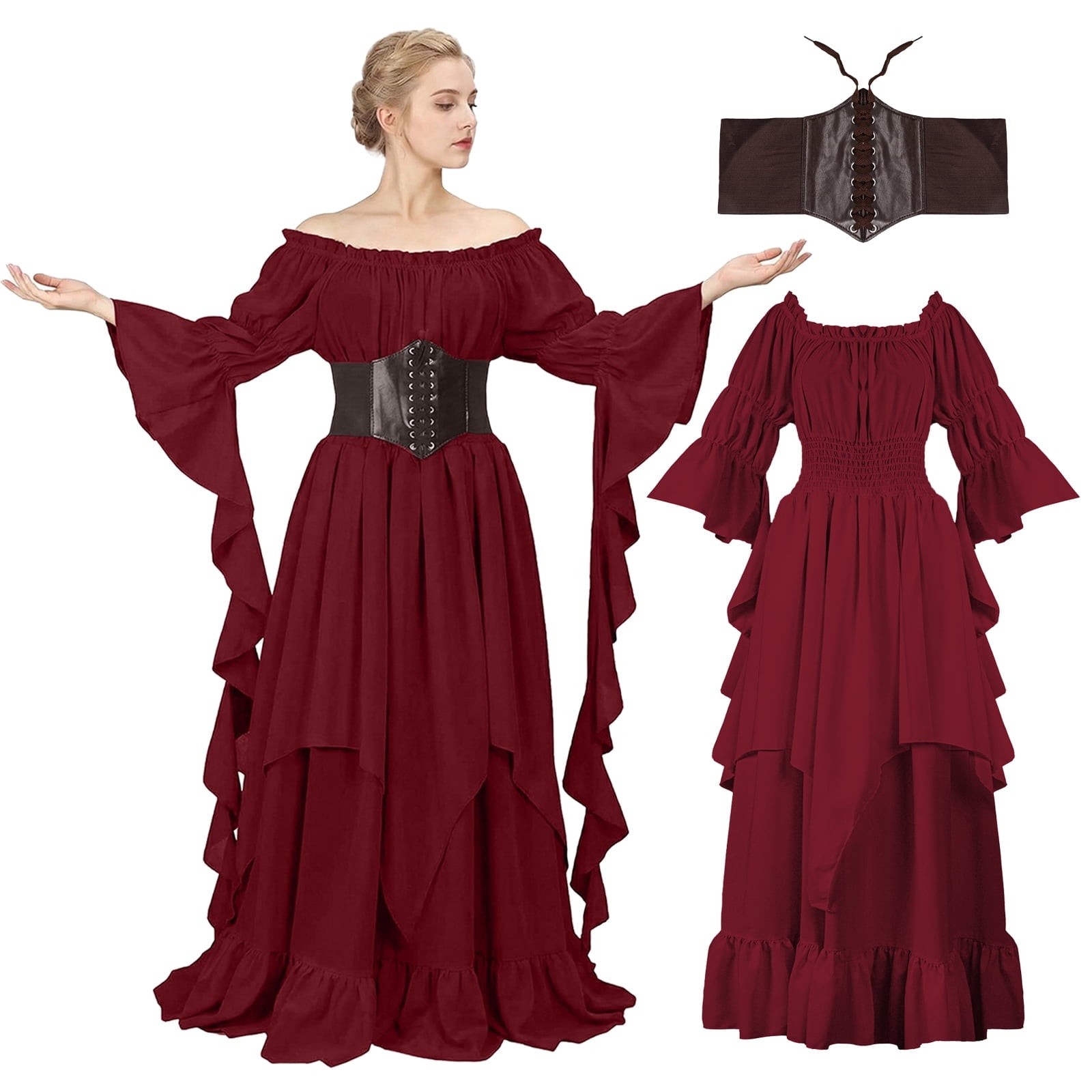 IROOZIGOTO Womens White Medieval Renaissance Maxi Dress Off Shoulder Long Flare Sleeve with Brown Lace Up Corset Belt Halloween Cosplay Costume