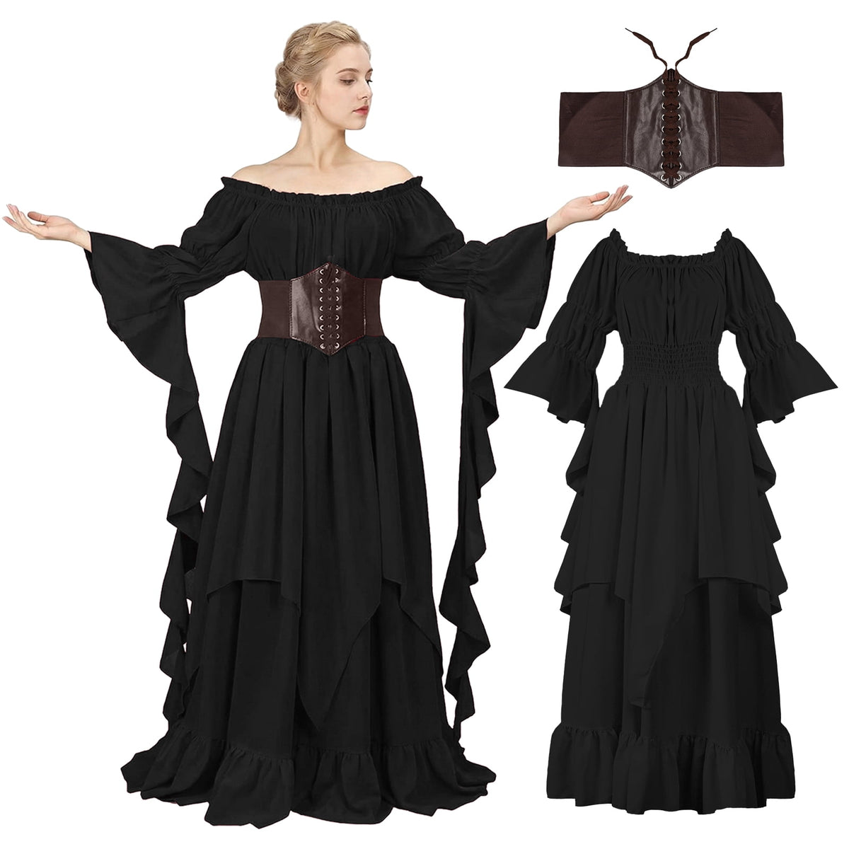 IROOZIGOTO Womens White Medieval Renaissance Maxi Dress Off Shoulder Long Flare Sleeve with Brown Lace Up Corset Belt Halloween Cosplay Costume