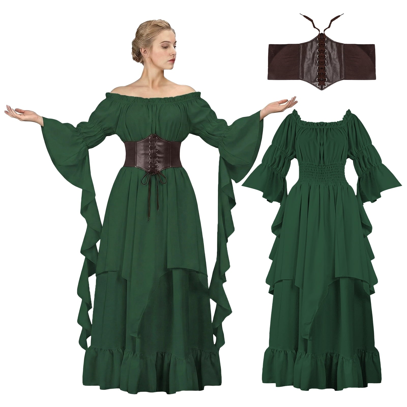 IROOZIGOTO Womens White Medieval Renaissance Maxi Dress Off Shoulder Long Flare Sleeve with Brown Lace Up Corset Belt Halloween Cosplay Costume