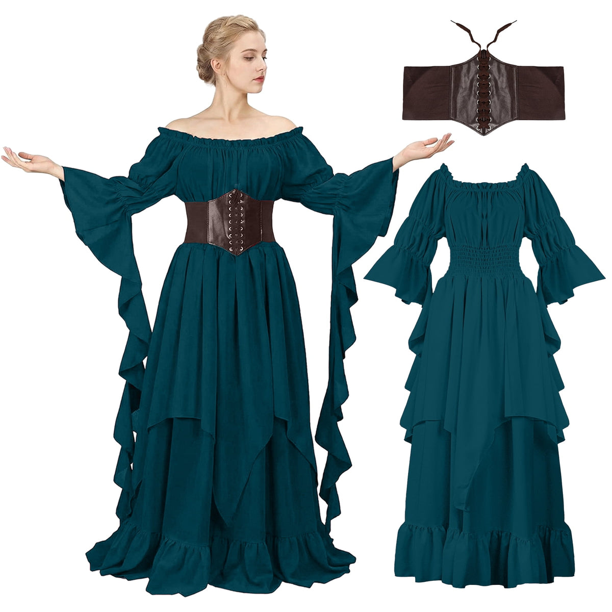 IROOZIGOTO Womens White Medieval Renaissance Maxi Dress Off Shoulder Long Flare Sleeve with Brown Lace Up Corset Belt Halloween Cosplay Costume