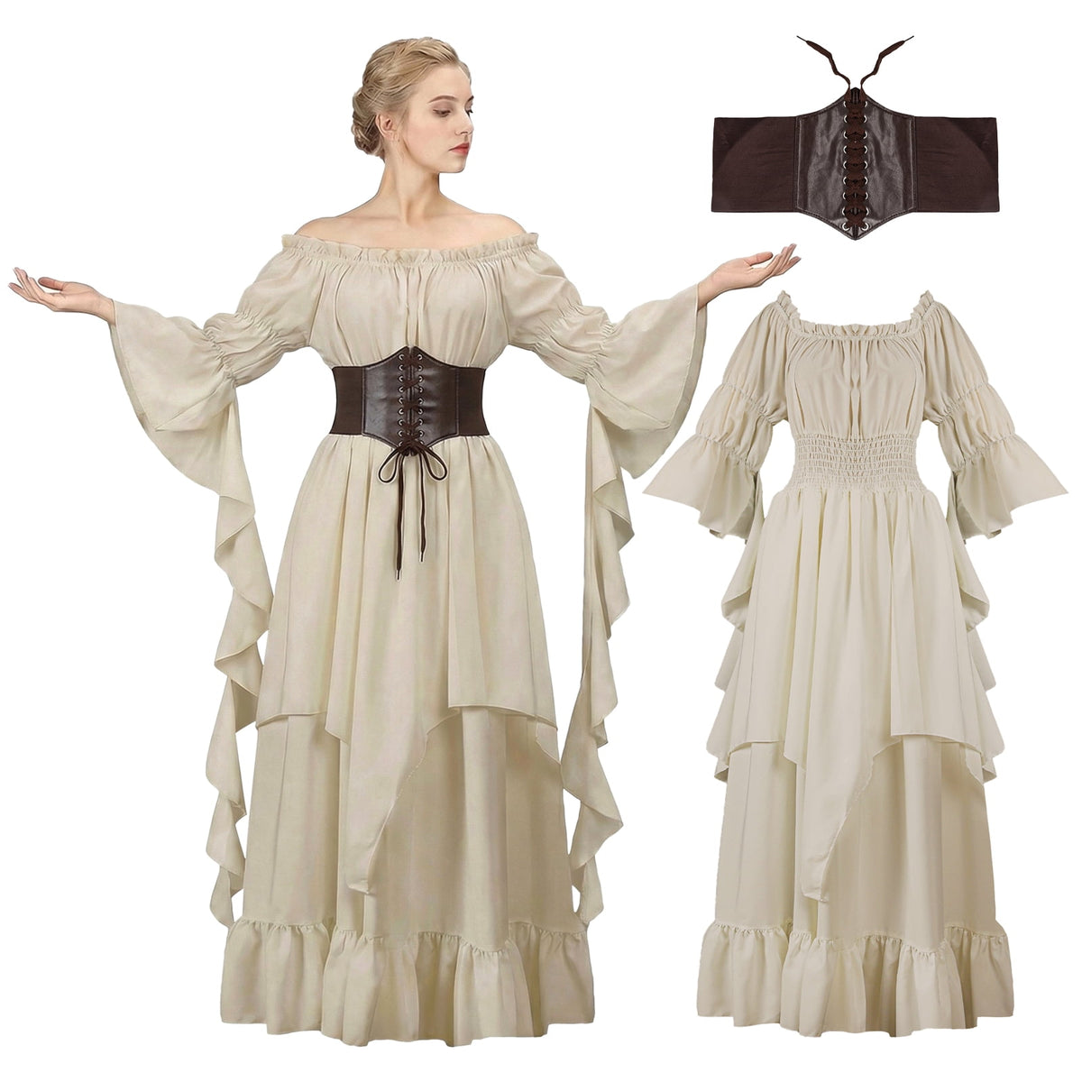 IROOZIGOTO Womens White Medieval Renaissance Maxi Dress Off Shoulder Long Flare Sleeve with Brown Lace Up Corset Belt Halloween Cosplay Costume