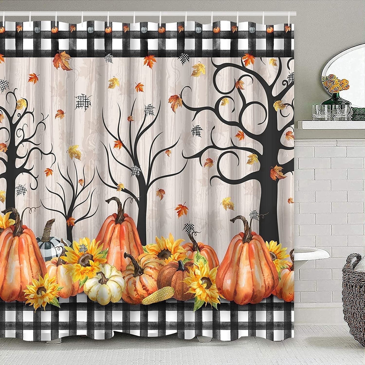 Ikfashoni Fall Shower Curtain with Hooks, Fall Decor for Home, Buffalo Plaid Pumpkin Waterproof Bathroom Curtains, 72"X72"