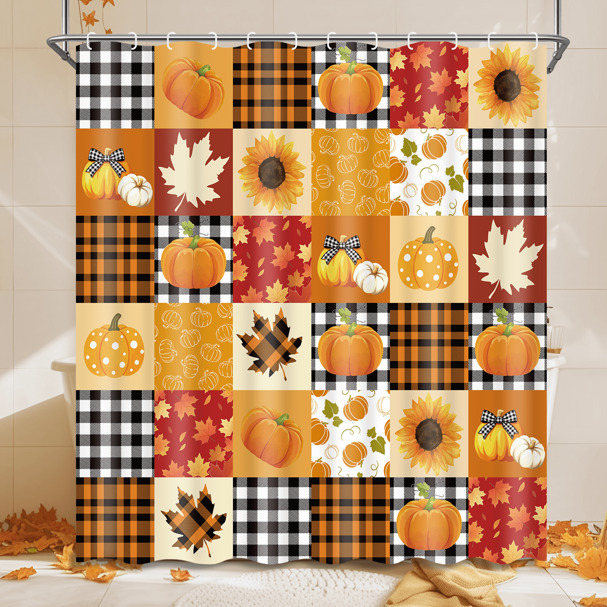 Ikfashoni Fall Shower Curtain with Hooks, Fall Decor for Home, Buffalo Plaid Pumpkin Waterproof Bathroom Curtains, 72"X72"