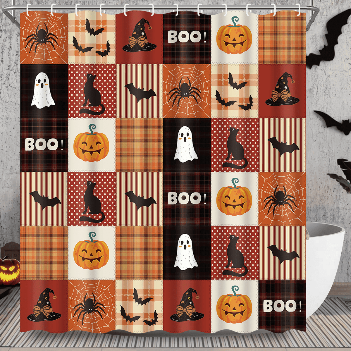 Ikfashoni Fall Shower Curtain with Hooks, Fall Decor for Home, Buffalo Plaid Pumpkin Waterproof Bathroom Curtains, 72"X72"