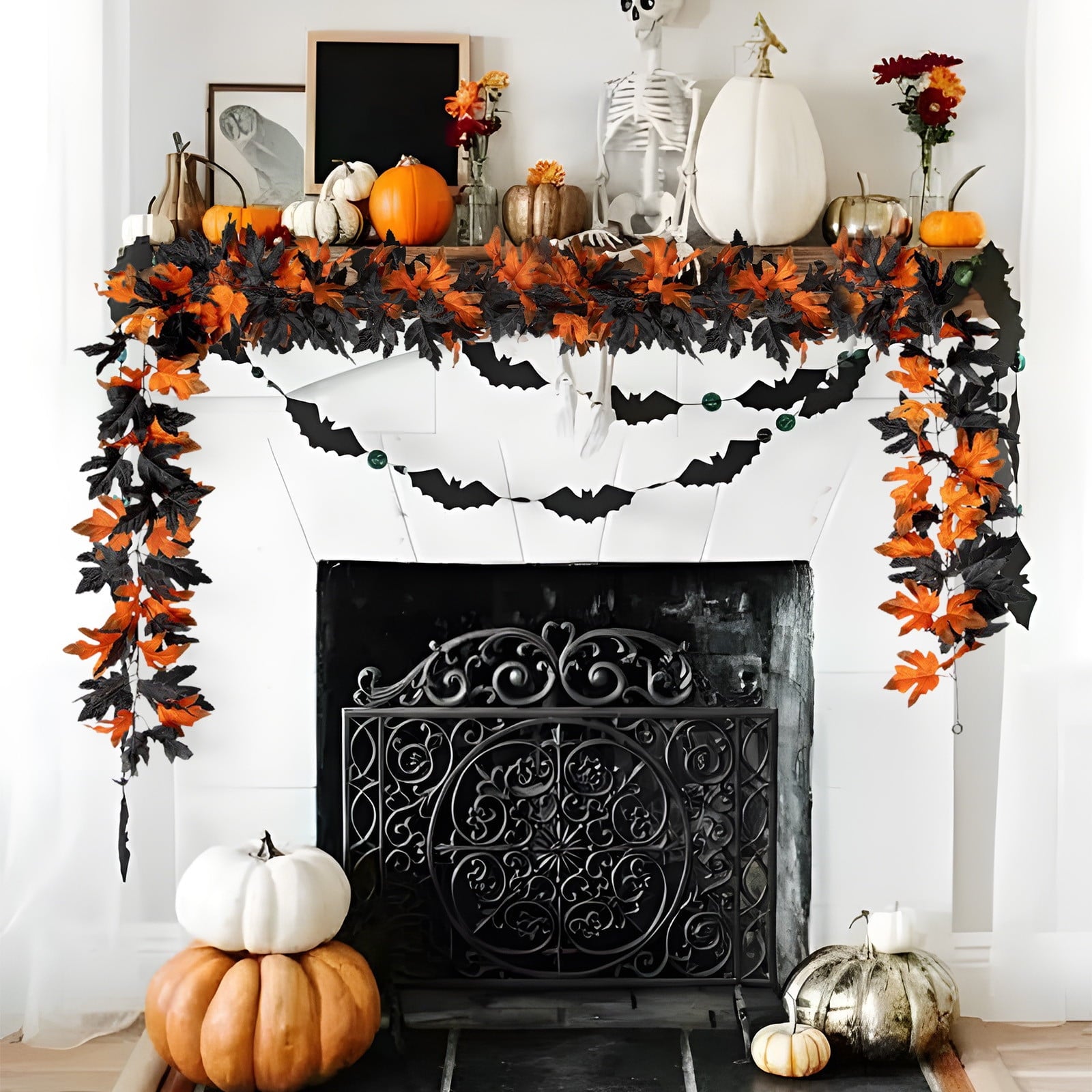 Inerposs Halloween Leaf Garland, Artificial Maple Leaf Rattan Garland, Autumn Decor for Halloween Party, Decorative Hanging Leaf Garland for Indoor and Outdoor Use