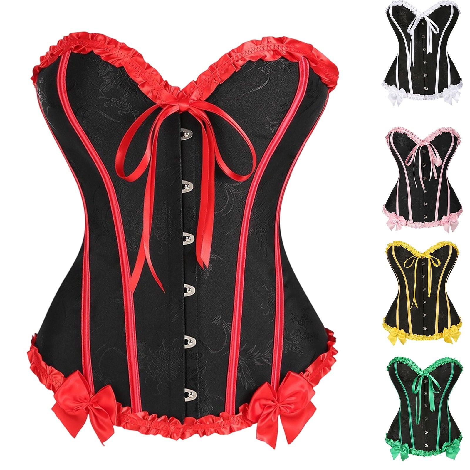 JOANKDMI Women's Chic Gothic Steampunk Corset Top with Ribbon Tie and Ruffle Trim Elegant Bustier for Pirate Roleplay and Vampire Halloween Dress Up Outfit
