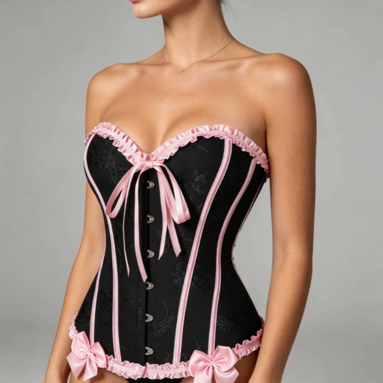 JOANKDMI Women's Chic Gothic Steampunk Corset Top with Ribbon Tie and Ruffle Trim Elegant Bustier for Pirate Roleplay and Vampire Halloween Dress Up Outfit