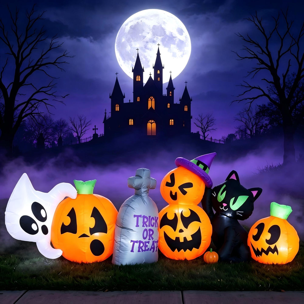 Joyfy 7 ft Halloween Inflatable Long Pumpkin with Witch's Cat Decorations Inflatables with Build-in LEDs,Halloween Decor Outdoor Blow Up Yard Decorations