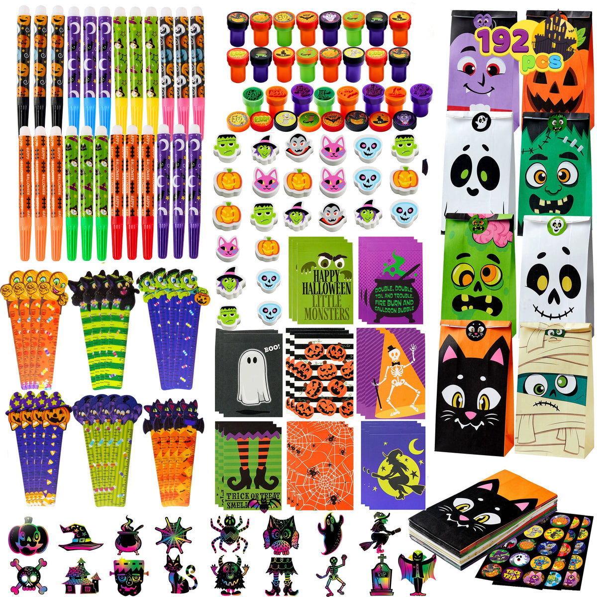 Joyfy 192 Pcs Halloween Stationery Set, Halloween Markers Rulers Stickers Erasers Stamps Notebooks Bags Party Favors,Halloween Trick or Treat Bags,Halloween Gifts for Kids,Classroom Favors