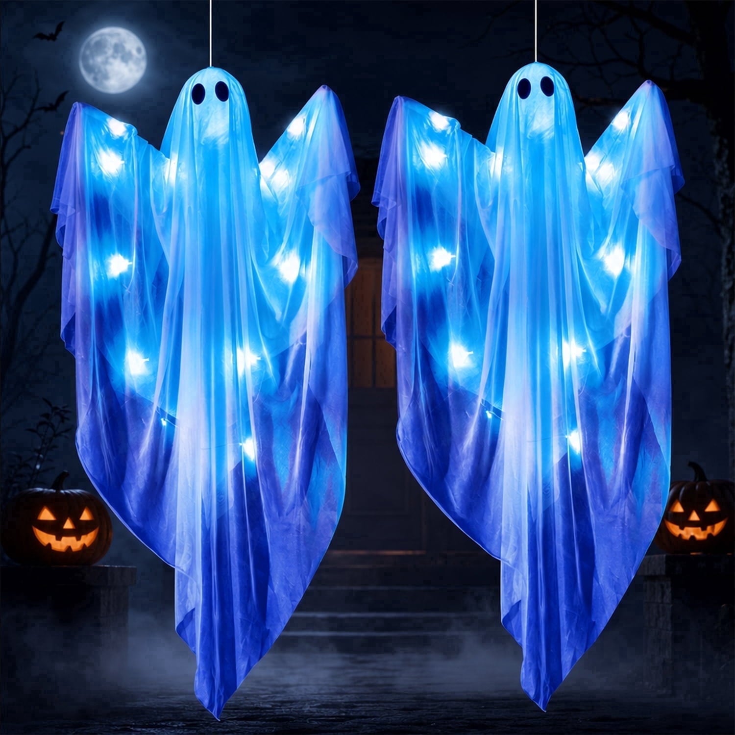 Joyfy 47" Halloween Hanging Light up Ghost Decorations Outdoor,White Ghosts with Blue LED Light and Timer Halloween Hanging Decoration Waterproof for Front Yard Patio Lawn