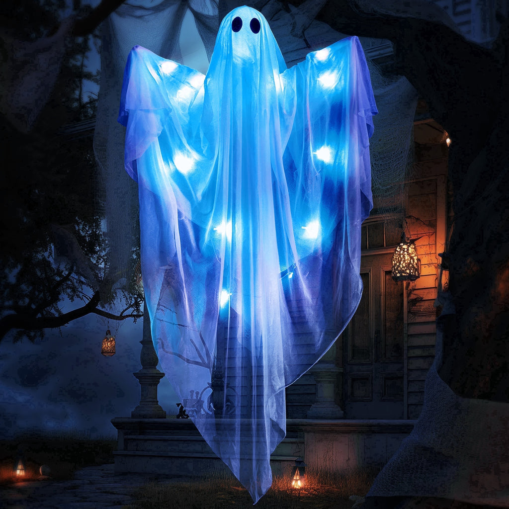 Joyfy 47" Halloween Hanging Light up Ghost Decorations Outdoor,White Ghosts with Blue LED Light and Timer Halloween Hanging Decoration Waterproof for Front Yard Patio Lawn