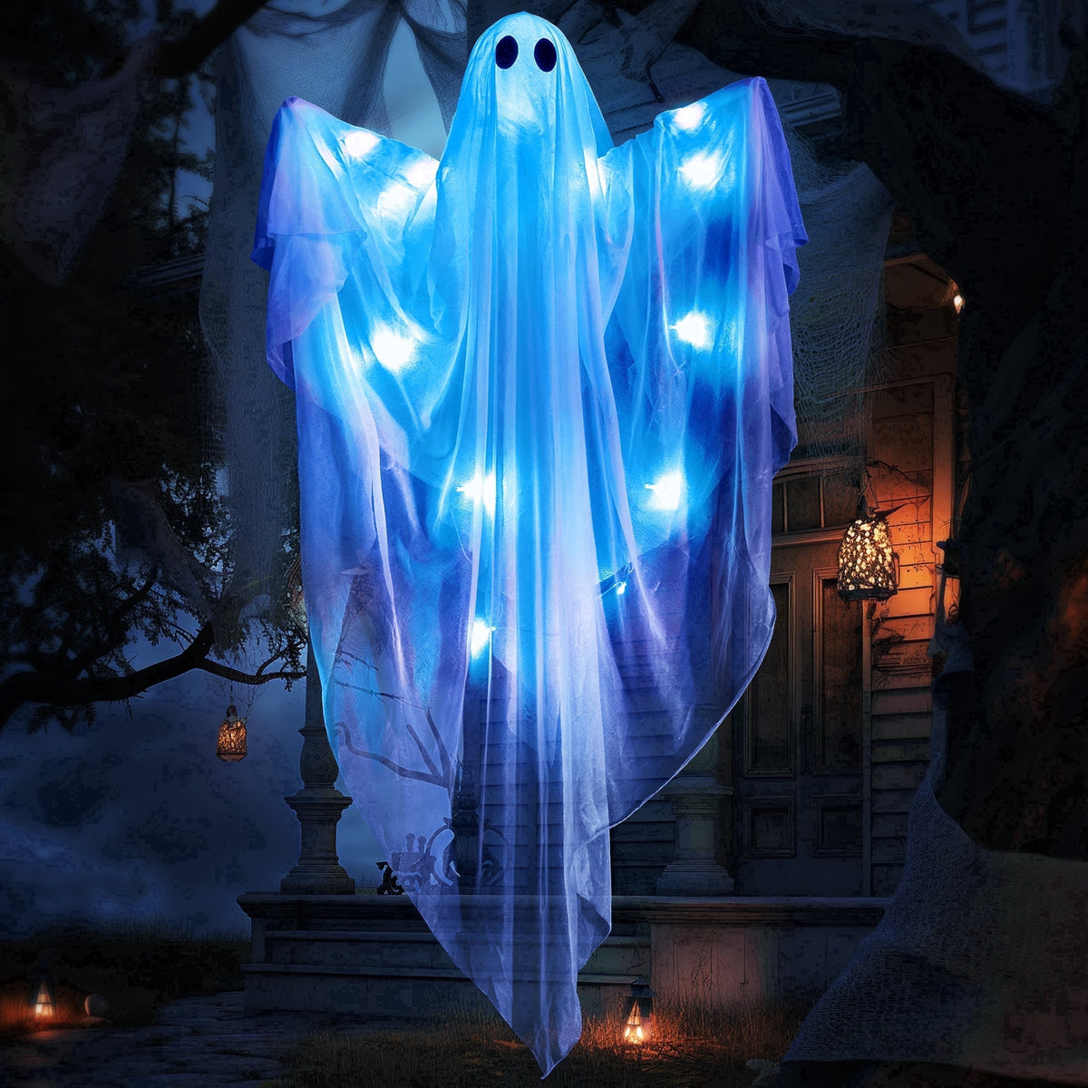 Joyfy 47" Halloween Hanging Light up Ghost Decorations Outdoor,White Ghosts with Blue LED Light and Timer Halloween Hanging Decoration Waterproof for Front Yard Patio Lawn