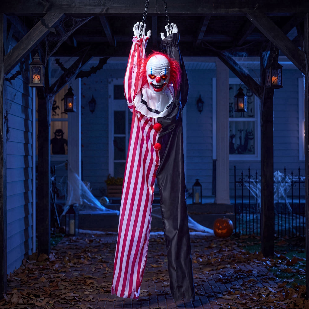 Joyfy 65" Halloween Hanging Scary Clown Decorations with Chain, with LED Lights Talking Animatronics Decor Outdoor Indoor for Haunted House Lawn Yard Patio