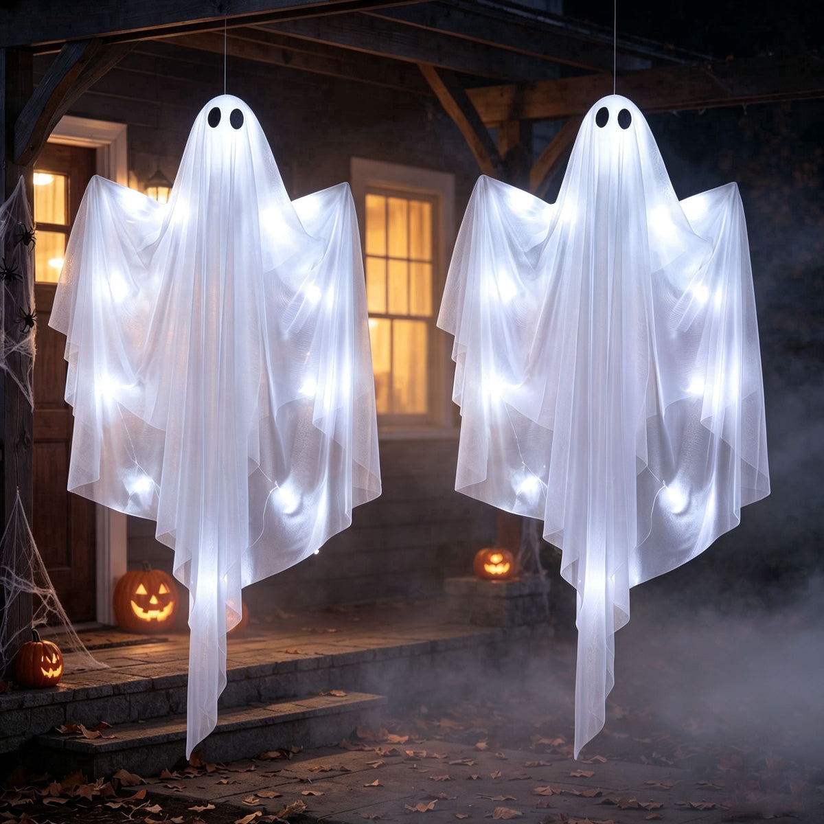 Joyfy 47" Halloween Hanging Light up Ghost Decorations Outdoor,White Ghosts with Blue LED Light and Timer Halloween Hanging Decoration Waterproof for Front Yard Patio Lawn