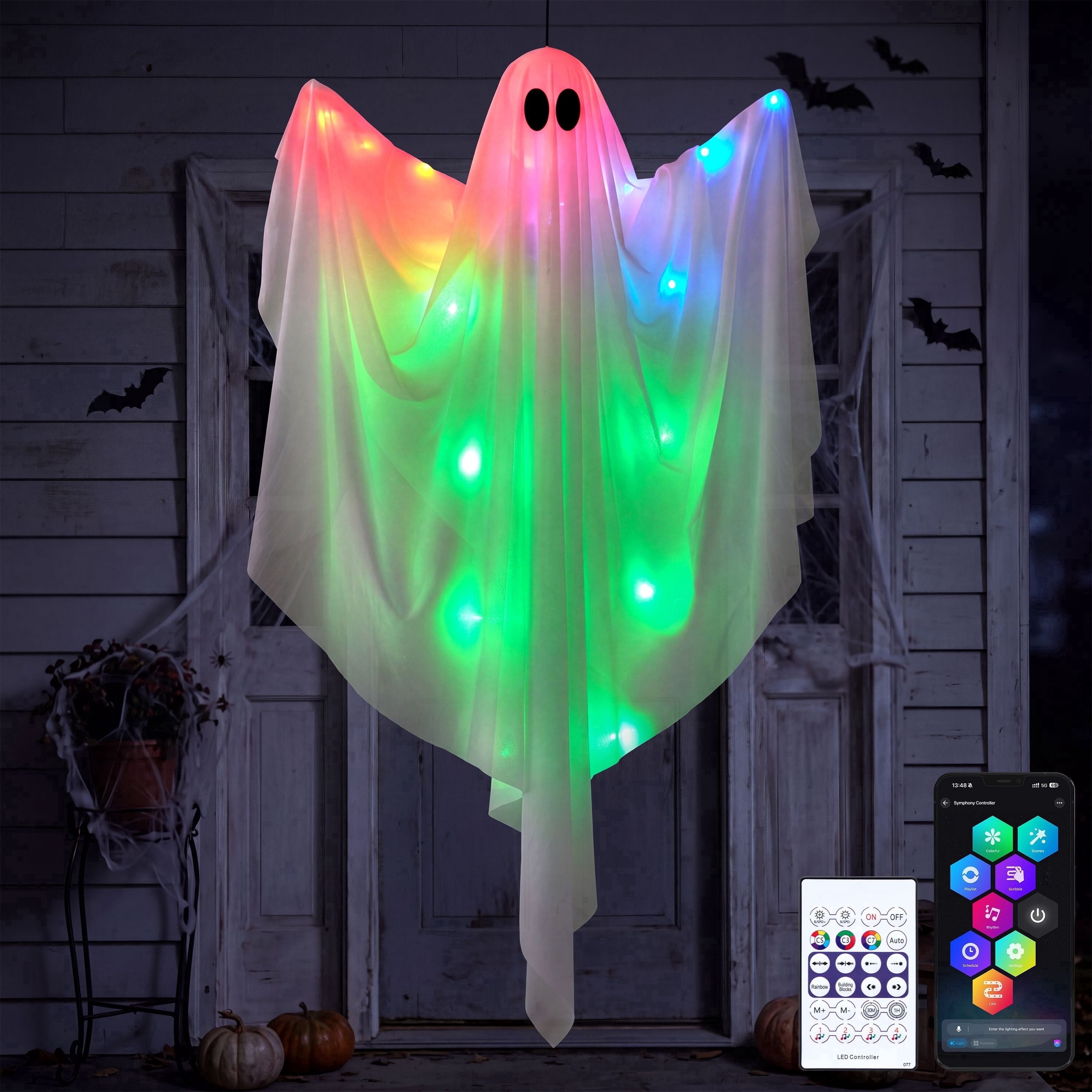 Joyfy 47" Halloween Hanging Light up Ghost Decorations Outdoor,White Ghosts with Blue LED Light and Timer Halloween Hanging Decoration Waterproof for Front Yard Patio Lawn