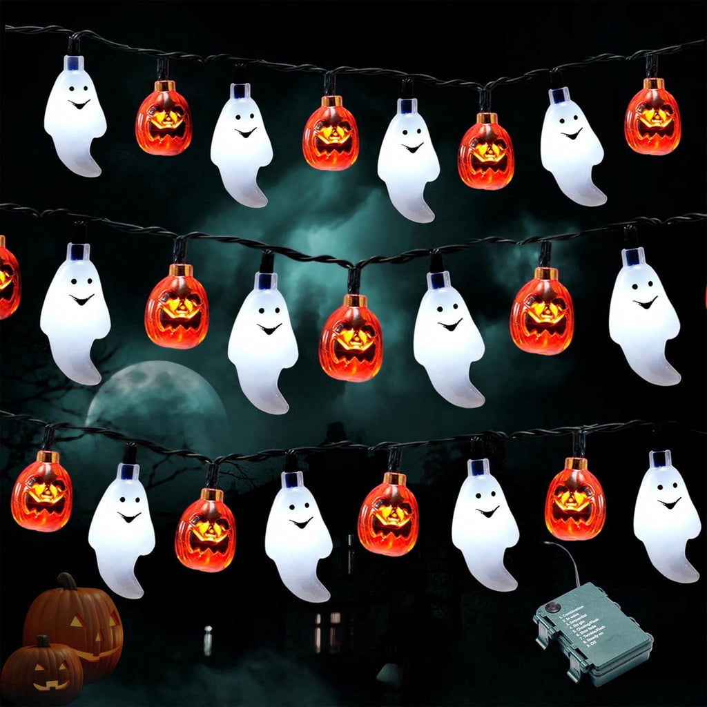 Joyfy 19.7ft Halloween Lights,30 LED Waterproof 3D Pumpkin Ghost Battery Operated String Lights with Timer 8 Lighting Modes Fairy Light for Window Indoor Outdoor Decor Halloween Party Decorations