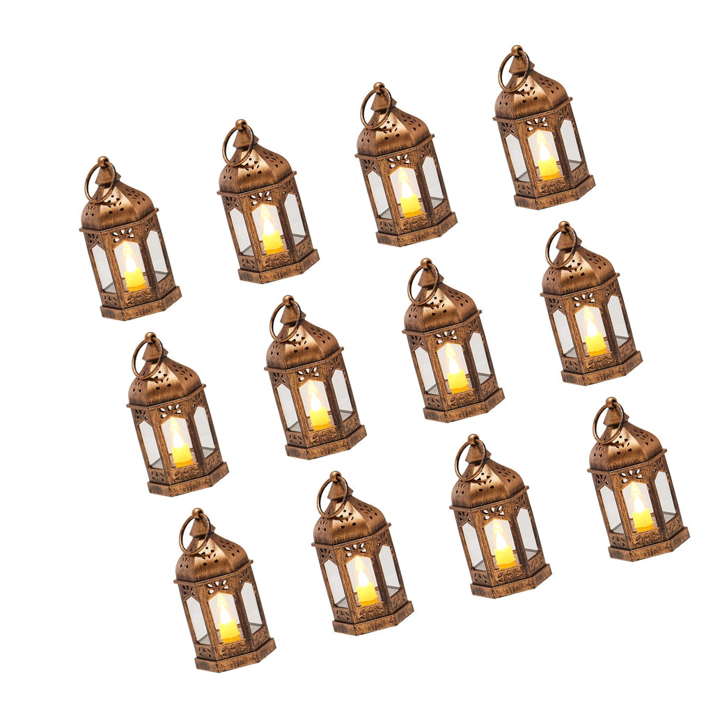 KFFKFF 12-Piece Decorative Candle Lantern Set,LED Flameless Candles with Plastic Frames and Glass Panels, Hanging Lanterns for Indoor and Outdoor Decor, Ideal for Parties,and Farmhouse Style, Bronze