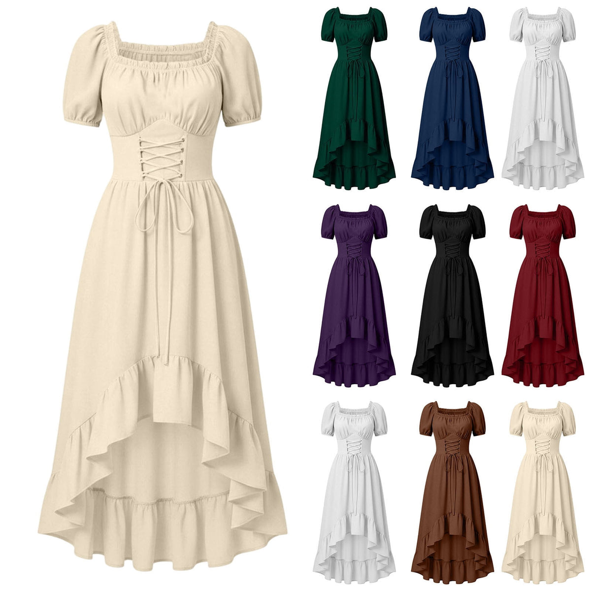 Gothic Dresses for Women Medieval Renaissance Halloween Costume Lace Up Corset High Low Ruffle Hem Square Neck Vintage Gown