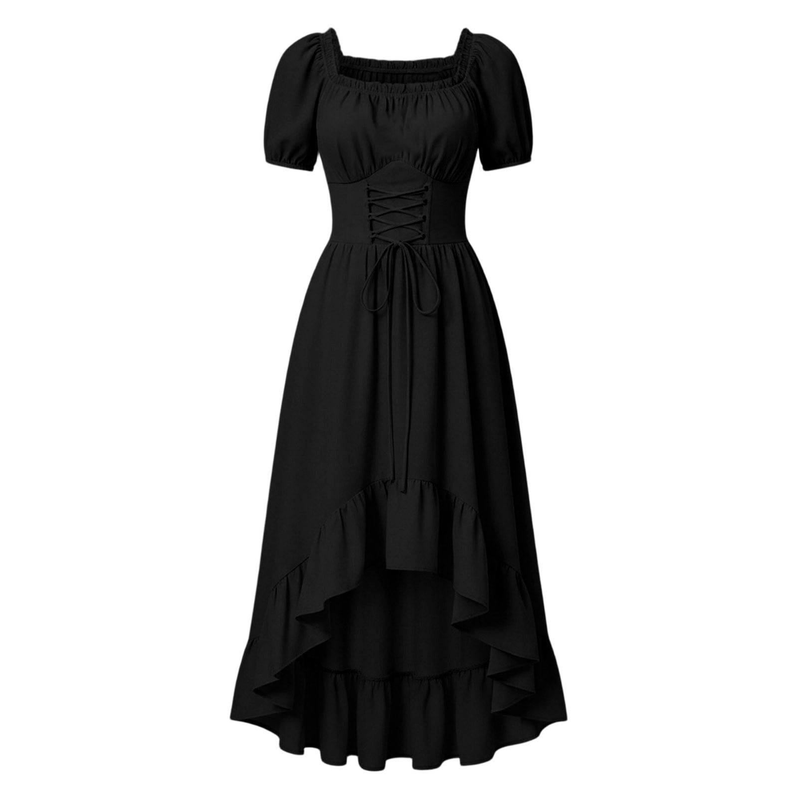 Gothic Dresses for Women Medieval Renaissance Halloween Costume Lace Up Corset High Low Ruffle Hem Square Neck Vintage Gown