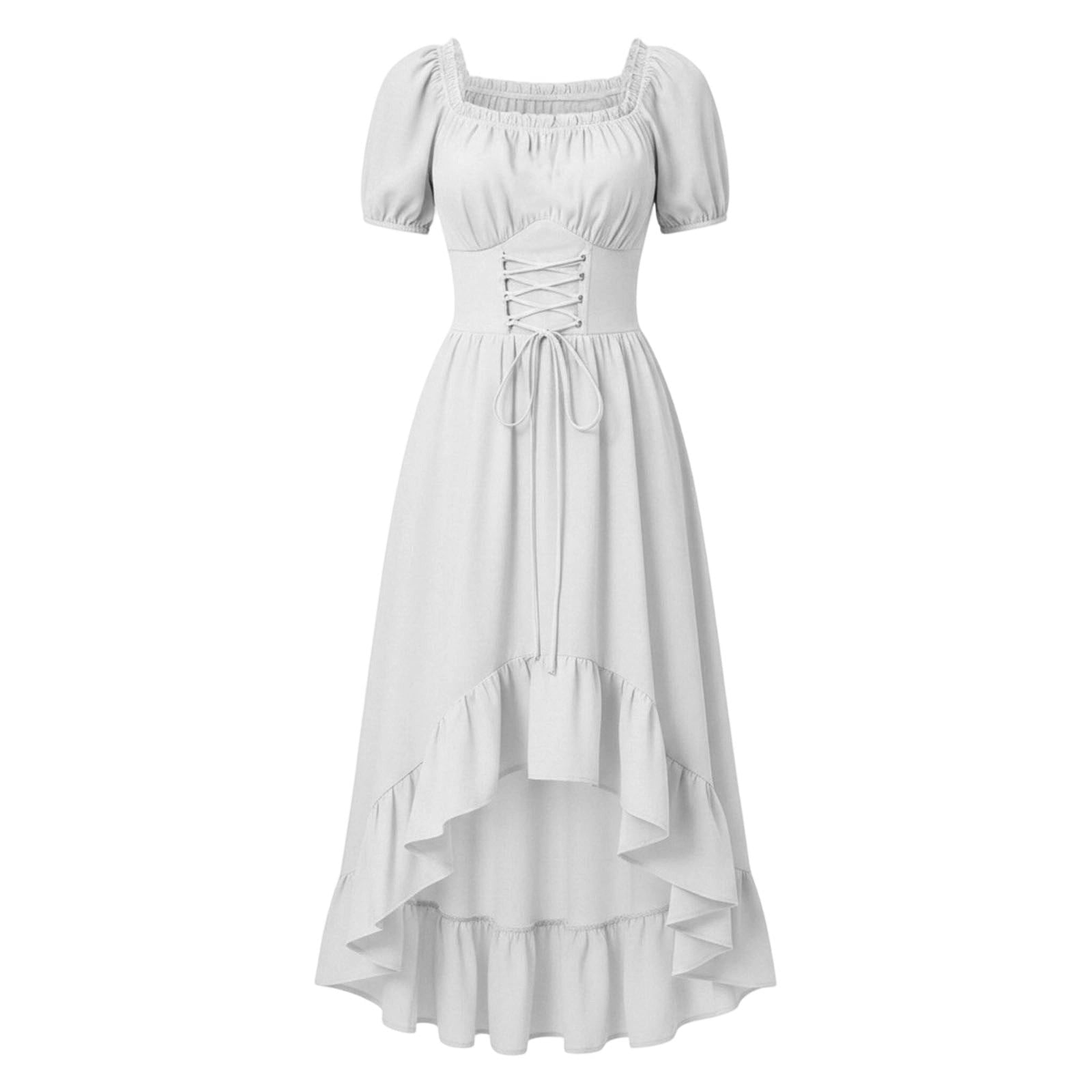Gothic Dresses for Women Medieval Renaissance Halloween Costume Lace Up Corset High Low Ruffle Hem Square Neck Vintage Gown