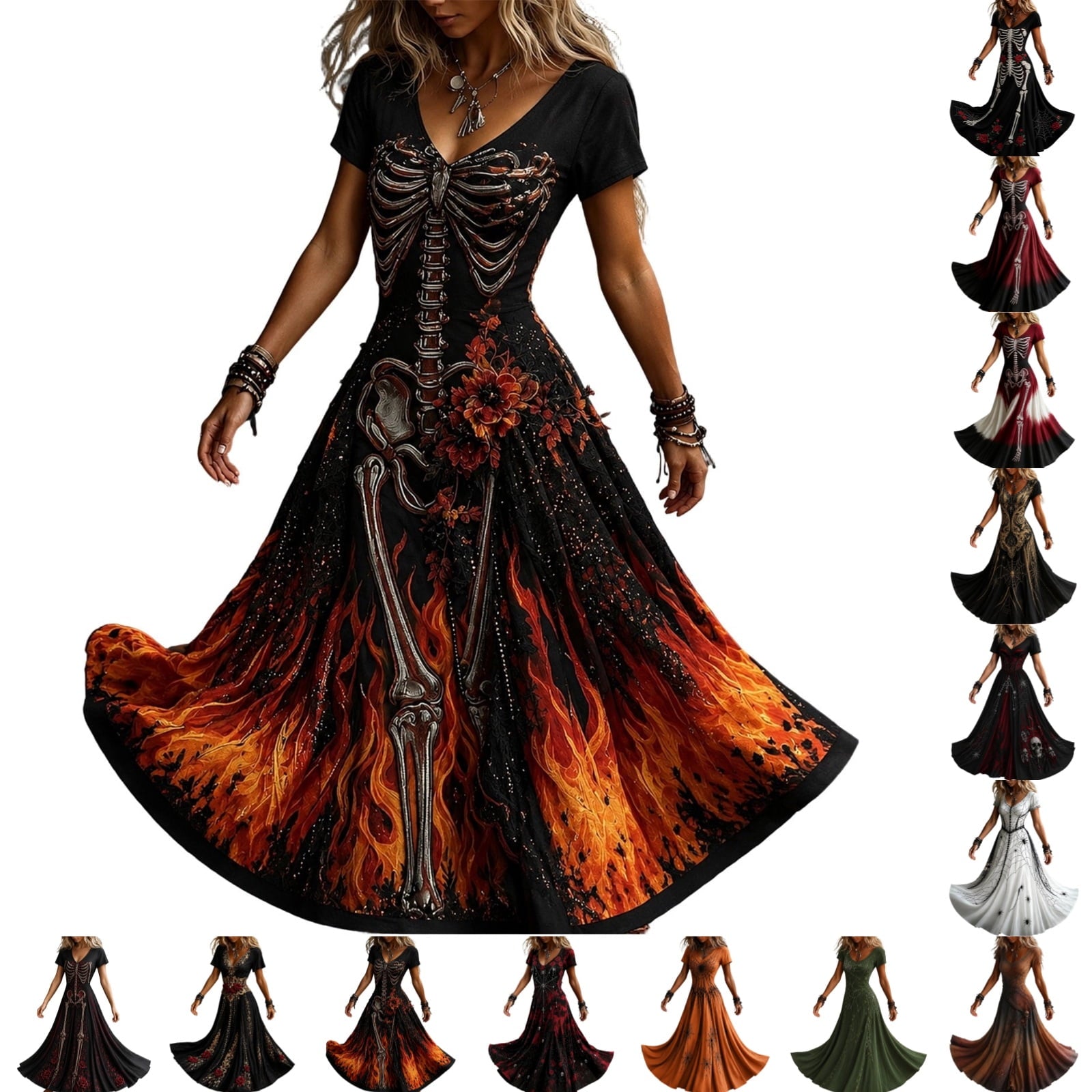KICILVS Gothic Clothes For Women Black Spiderweb And Spider Print Flowing V Neck Long Maxi Dress Halloween Cosplay Gothic Party Dress