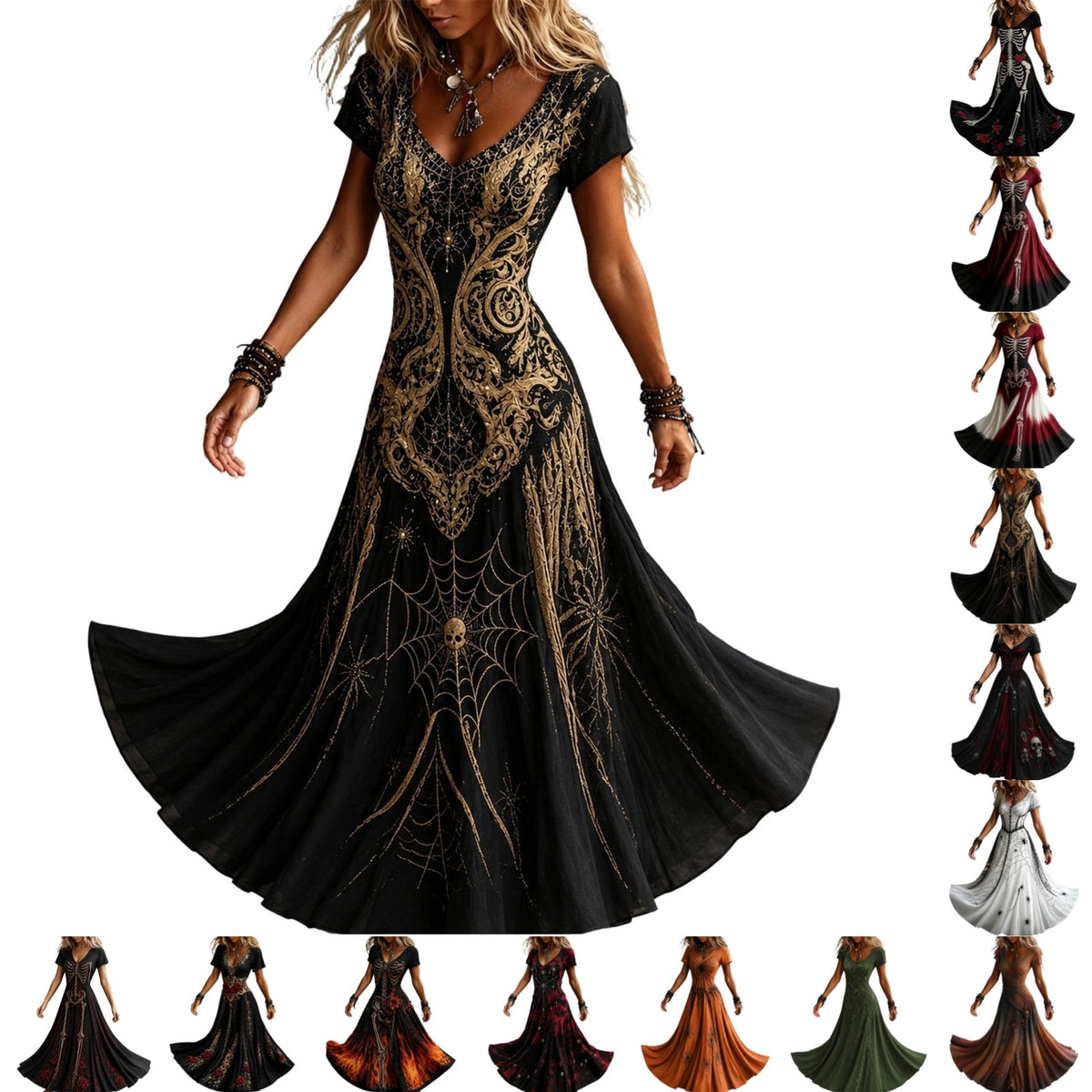 KICILVS Gothic Clothes For Women Black Spiderweb And Spider Print Flowing V Neck Long Maxi Dress Halloween Cosplay Gothic Party Dress